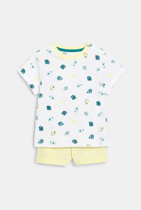 T-shirt océan et short en maille fantaisie jaune bébé garçon 1