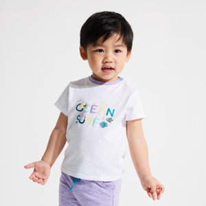 Baby Boy's ocean T-shirt and purple patterned shorts 1