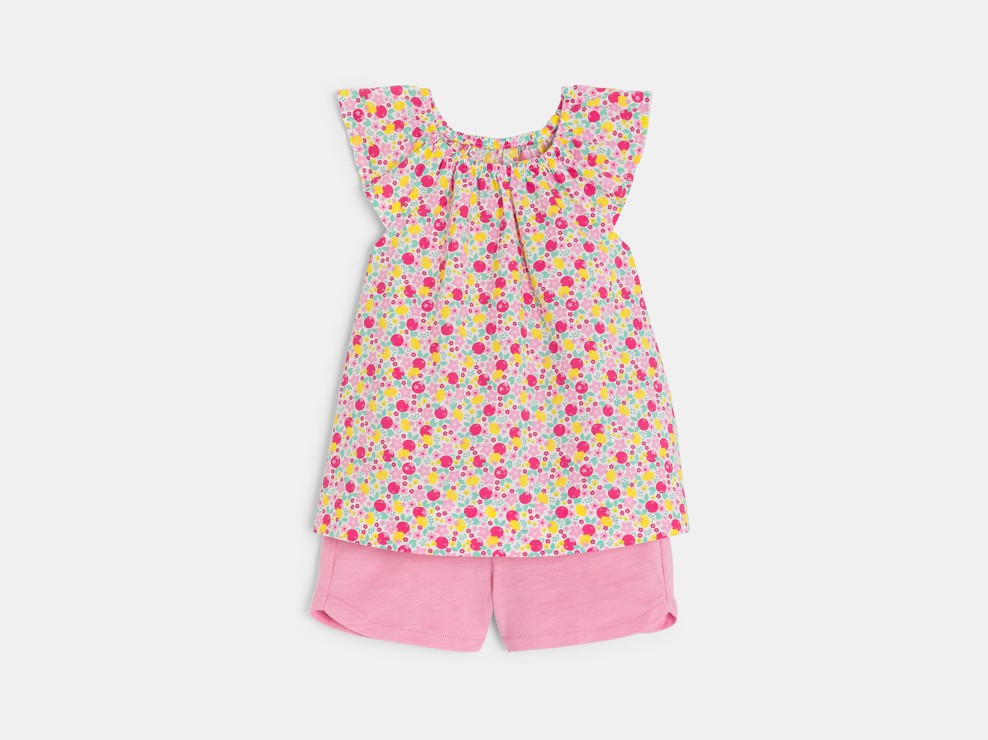 Blouse fleurie et short rose bébé fille 1