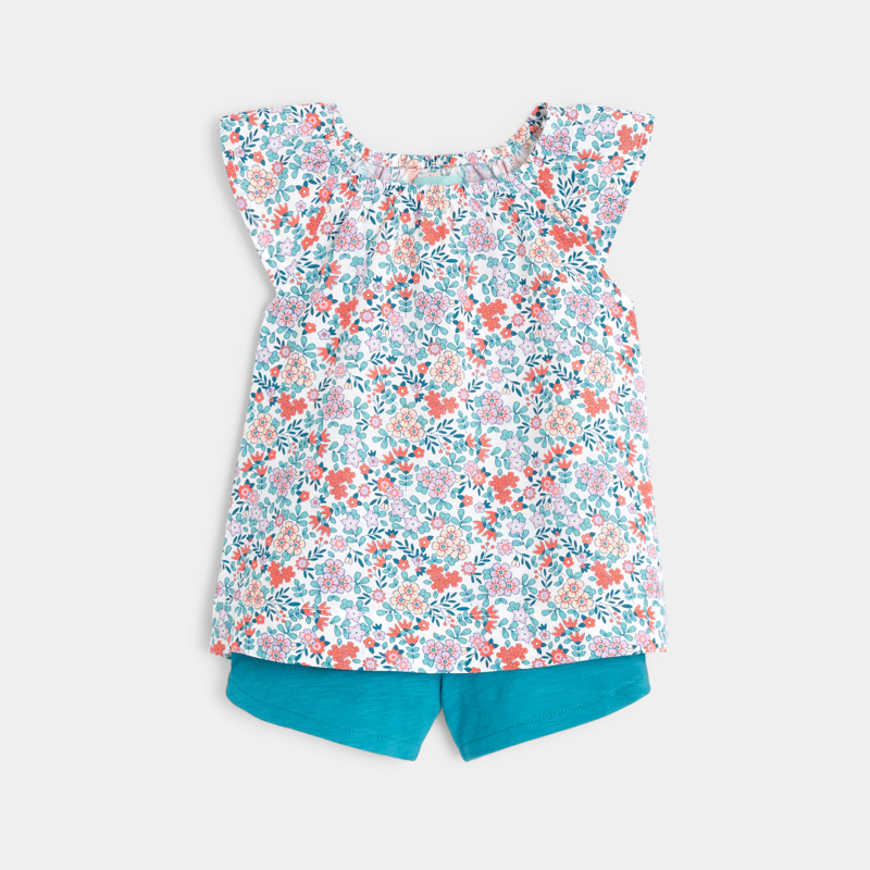 Geblümte Baby-Bluse und Shorts in Blau für Mädchen