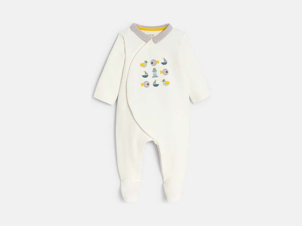 Baby boy white textured cotton fish sleepsuit 1
