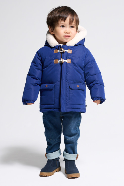Baby boy's blue coat with sherpa-lined hood 1