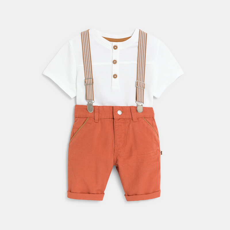 OBAIBI - Bermuda terracotta à bretelles et t-shirt tunisien blanc bébé garçon - Garcon