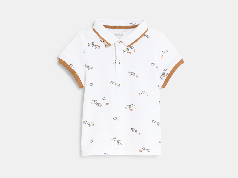 Witte polo van katoenpiqué met diertjes voor babyjongens 1