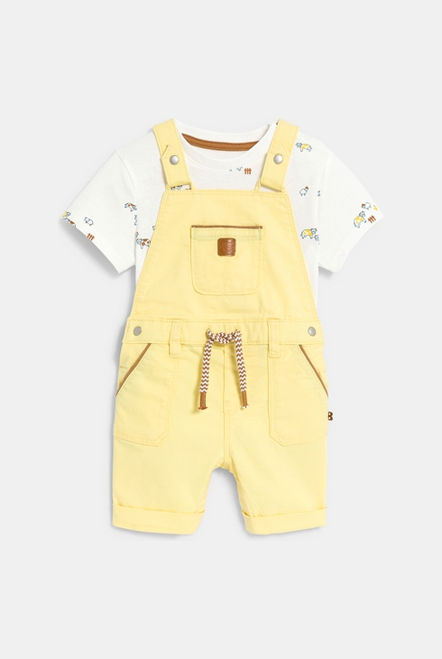 Salopette courte et t-shirt animaux jaune bébé garçon