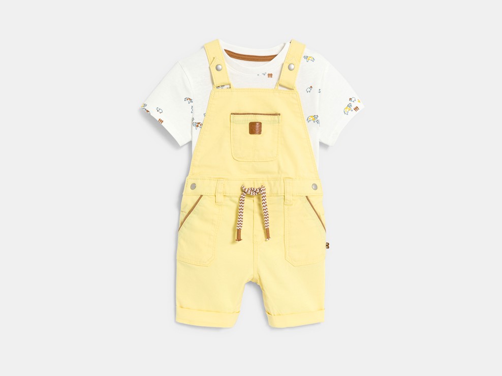 Salopette courte et t-shirt animaux jaune bébé garçon 1