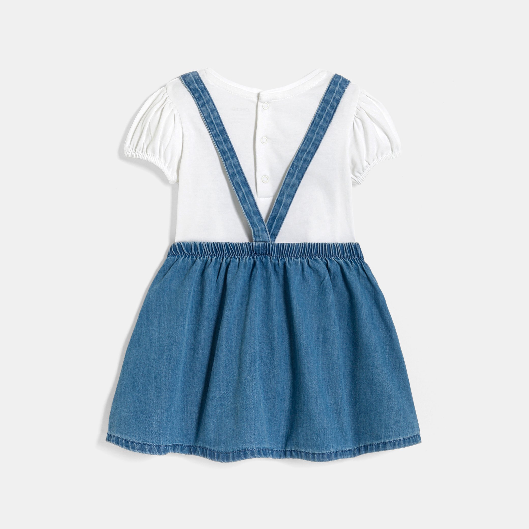 Baby girl's blue denim skirt with braces and white Tshirt