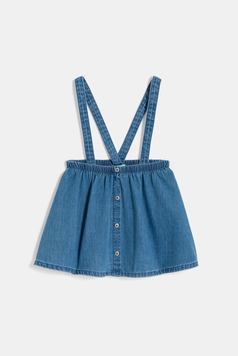 Baby girl's blue denim skirt with braces and white Tshirt