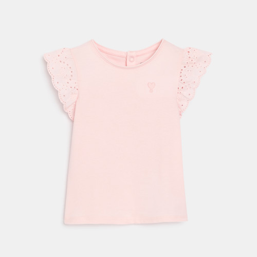 T-shirt Manches Broderies Anglaises Rose Bébé Fille - Rose Pâle - 3M - OBAIBI