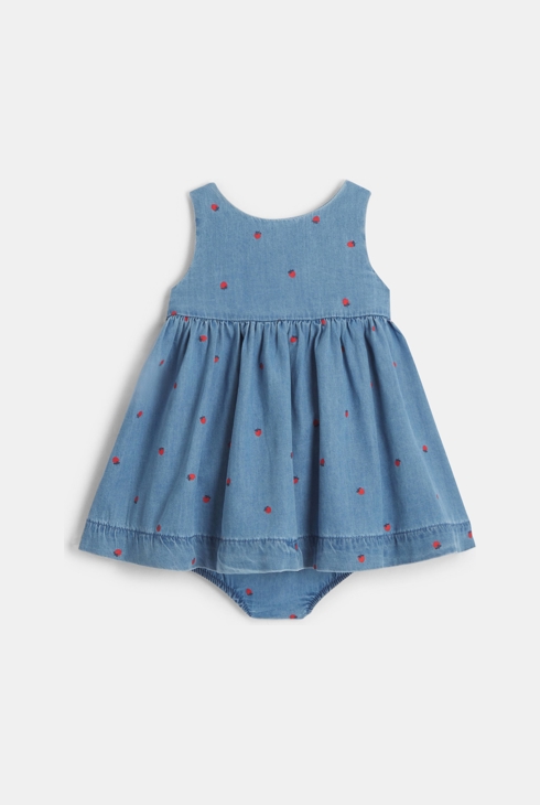 Robe croisée denim fraises bleu bébé fille
