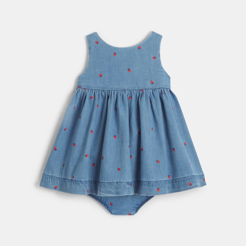 Blaues überkreuztes Denim-Kleid mit Erdbeermotiv Baby Mädchen