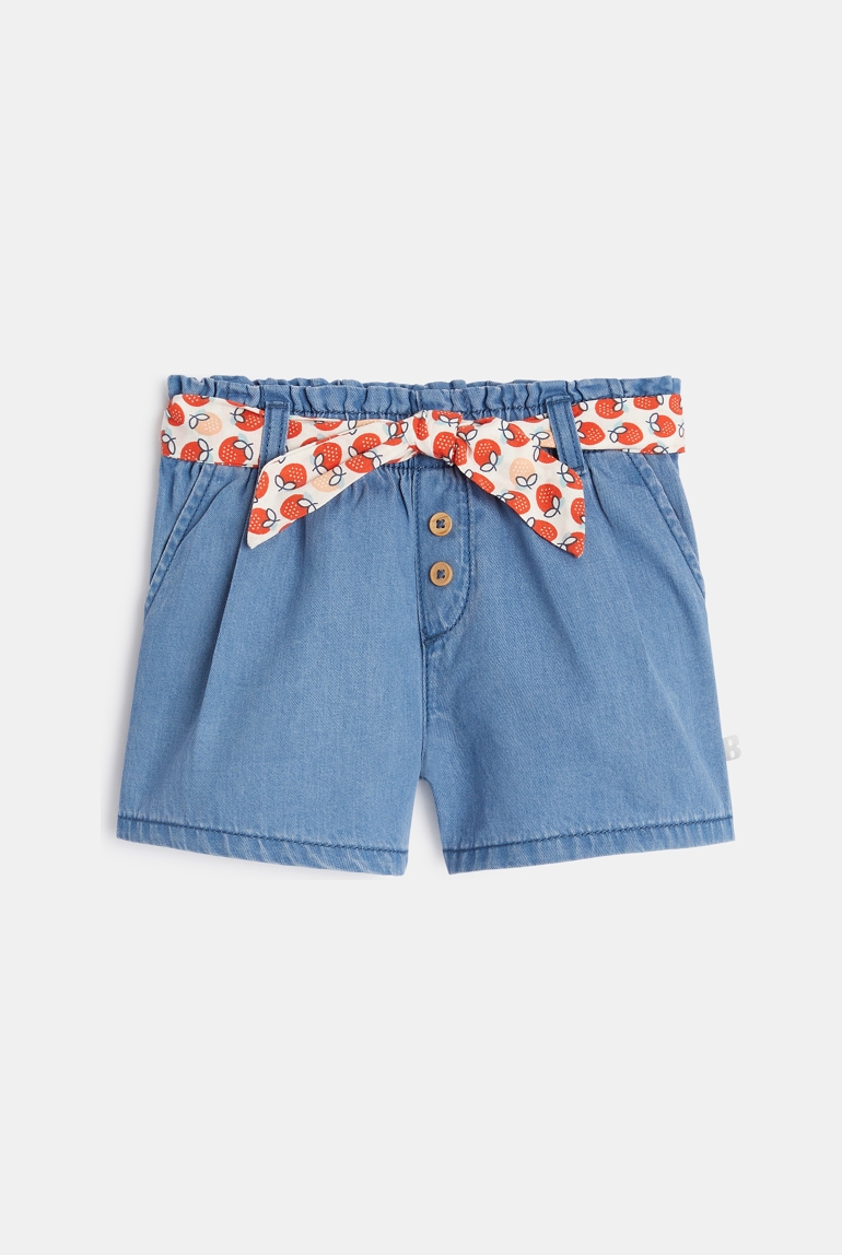 Baby girl's lightweight blue denim shorts with strawberry