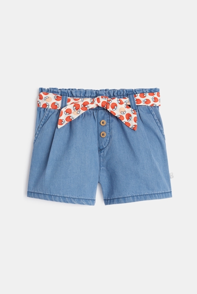 Baby girl's lightweight blue denim shorts with strawberry