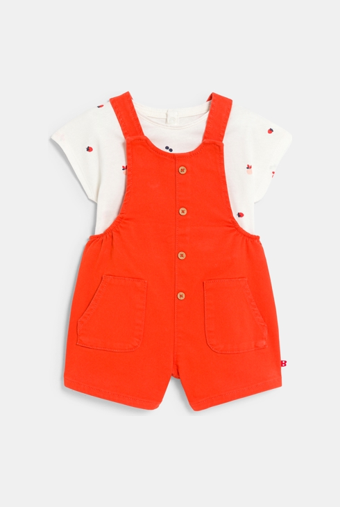 Salopette twill et t-shirt fraises rouge bébé fille
