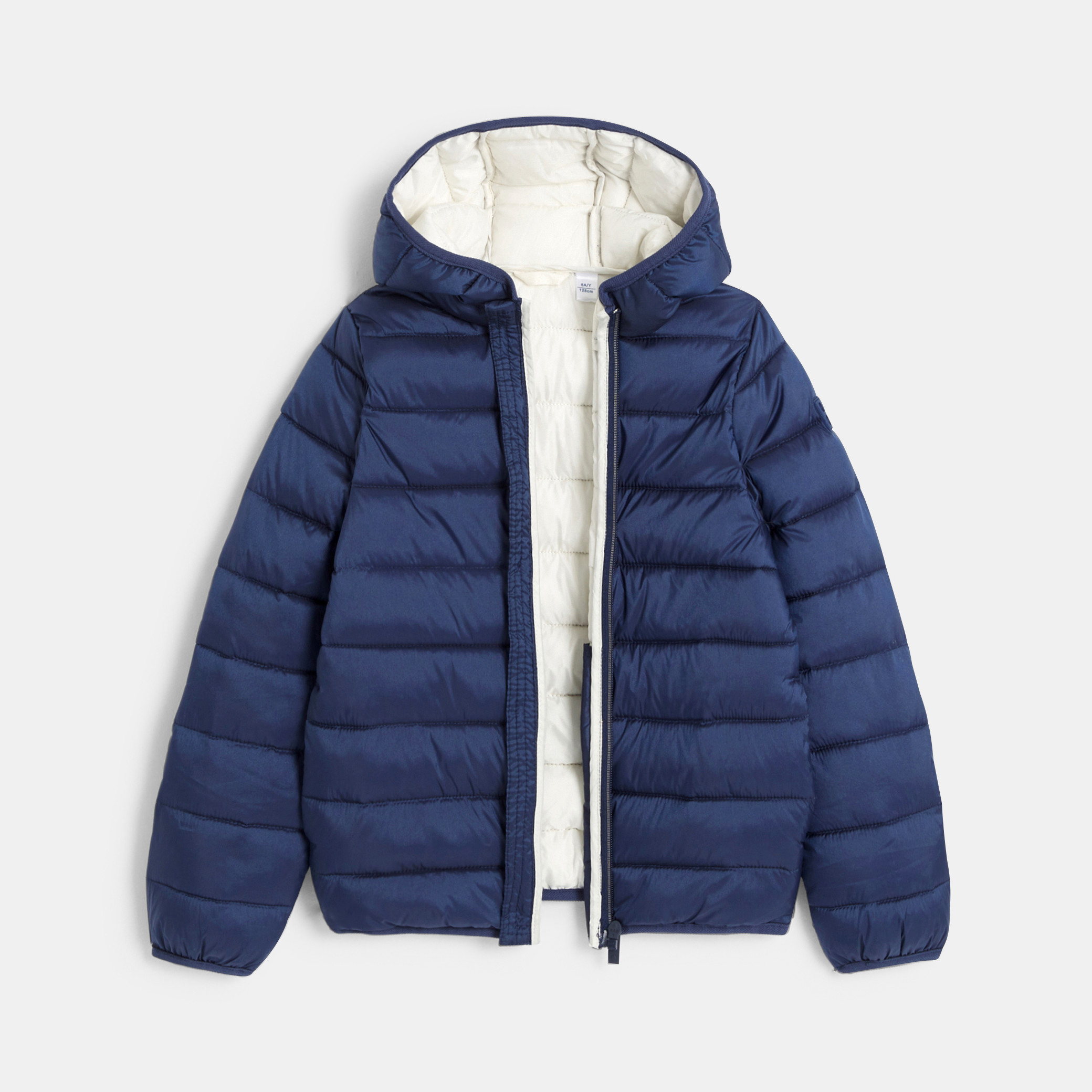 Piumino con cappuccio blu navy tinta unita bambina Okaïdi Obaïbi