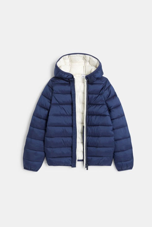 Jednobojna mornarskoplava pernata jakna s kapuljačom za djevočice 2