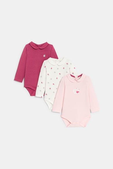 Baby girl's pink bodysuit with small collar (set of 3