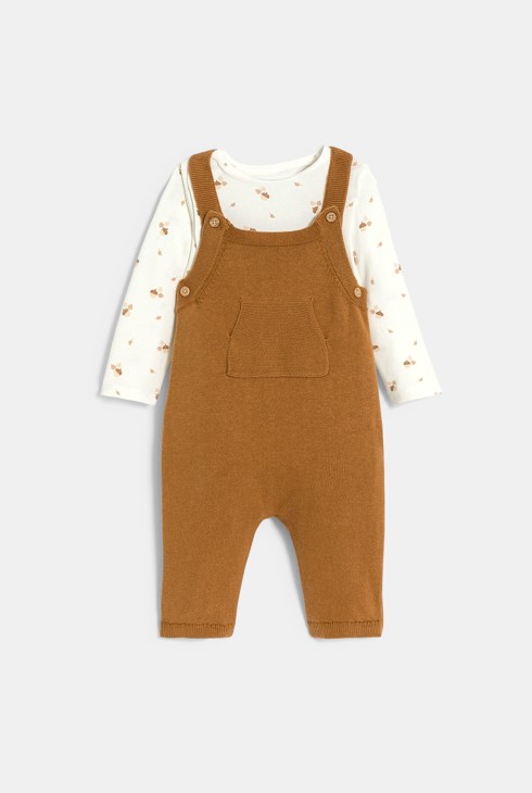 Baby boy's brown knitted overalls and bodysuit 2