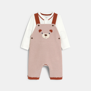 Baby boy's textured striped bear dungarees and brown bodysuit 1