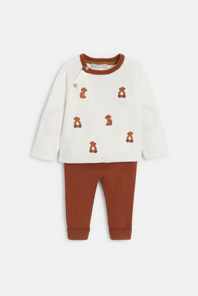Pull maille tricot ours et pantalon marron bébé garçon 1
