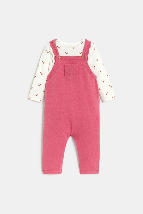 Salopette en maille tricot et body rose bébé fille