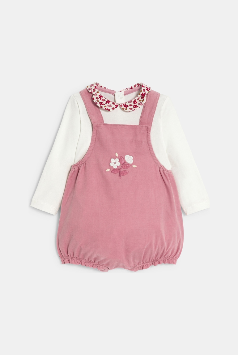 Salopette courte velours et body rose bébé fille 1
