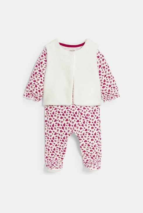 Dors-bien velours fleuri et gilet soft boa rose bébé fille 1