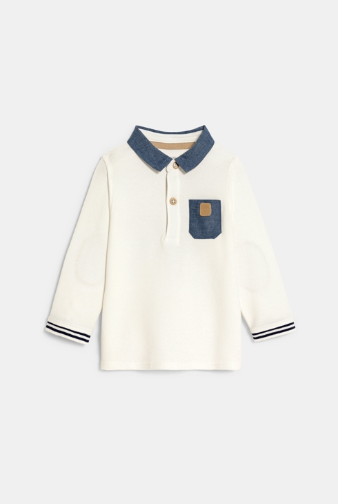 Polo maille piquée chambray singe blanc bébé garçon