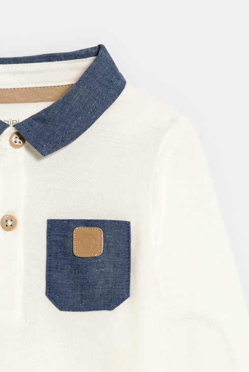 Polo maille piquée chambray singe blanc bébé garçon