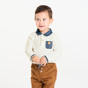 Baby boy's white piqué, chambray, monkey polo shirt 1