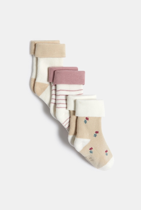 Warme Baby-Socken in Beige mit Blumen für Mädchen (3er-Pack) 1