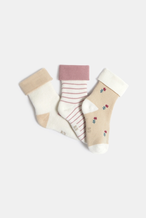 Warme Baby-Socken in Beige mit Blumen für Mädchen (3er-Pack) 2