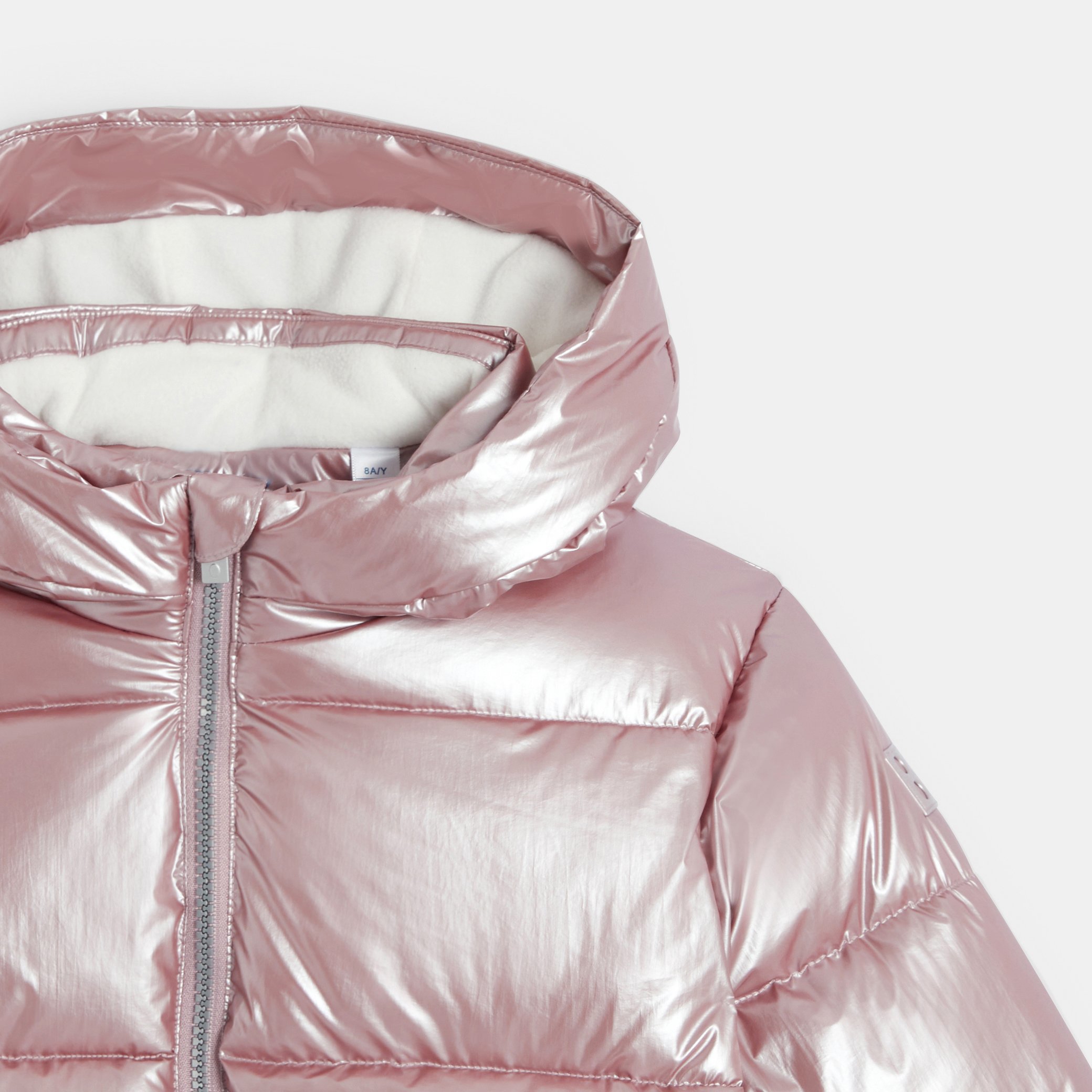 Metallic pink puffer jacket on sale