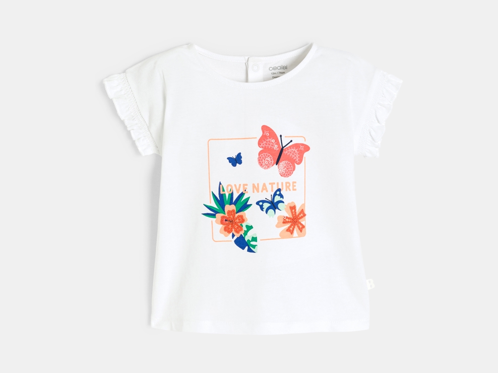 Camiseta de manga fruncida punto smock blanco bebé niña 1