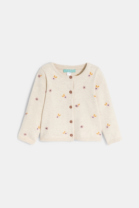 Gilet maille tricot brodé fleurs beige bébé fille