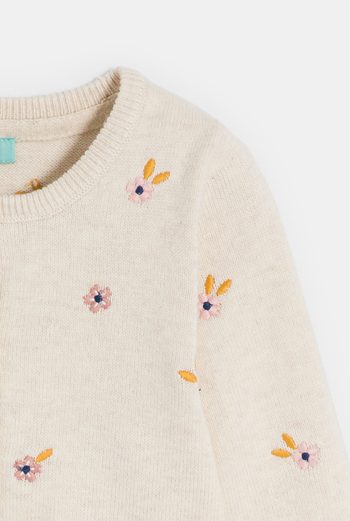 Gilet maille tricot brodé fleurs beige bébé fille