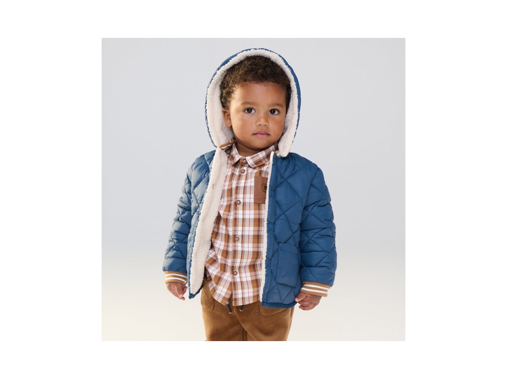 Baby boy's blue reversible quilted coat with faux fur lining 1