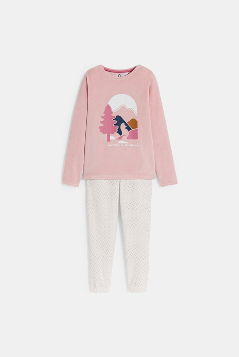Pyjama 2 pièces en velours rose Fille