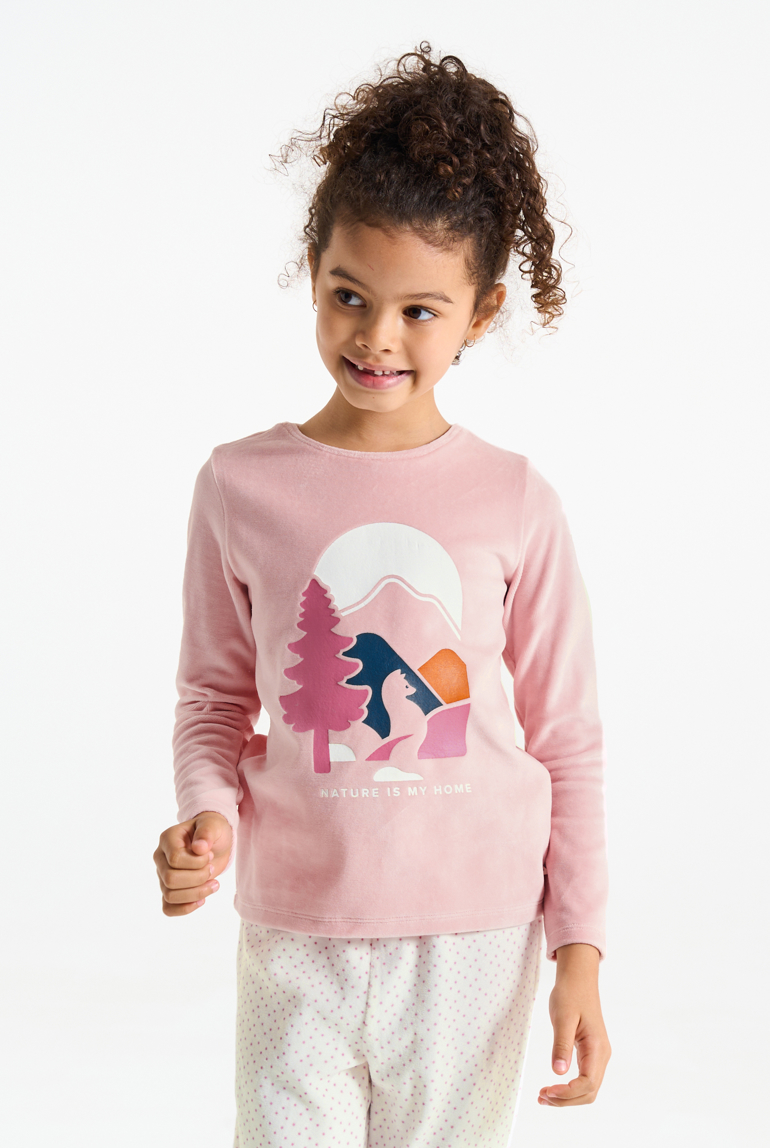 Pyjama 2 pièces en velours rose Fille 1