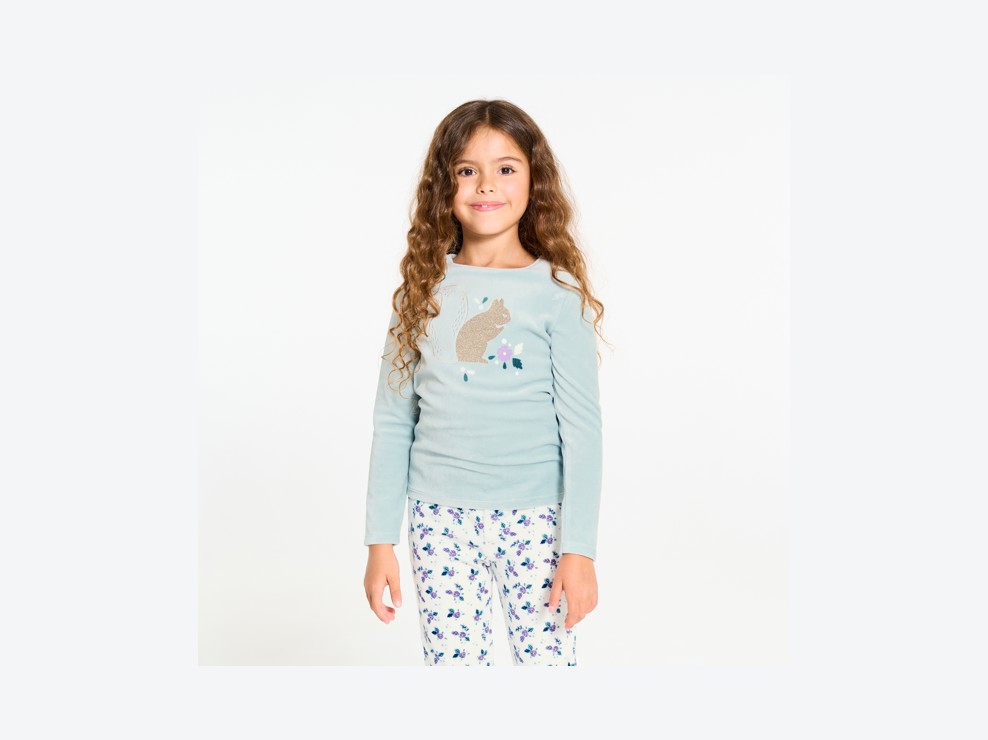 Pyjama 2 pièces en velours motif écureuil bleu Fille 1