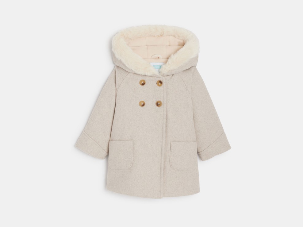 Manteau chaud drap de laine à capuche gris bébé fille 1