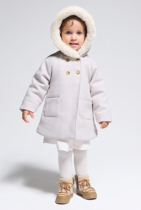 Grijze warme jas van wollen stof met capuchon voor babymeisjes 1