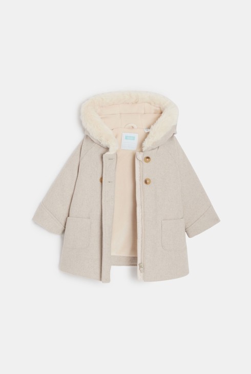 Manteau chaud drap de laine à capuche gris bébé fille