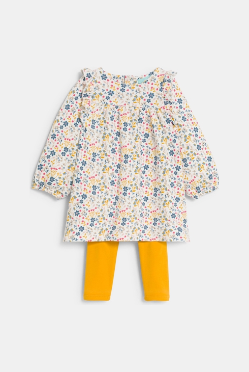 Robe fleurie à volants et legging jaune bébé fille