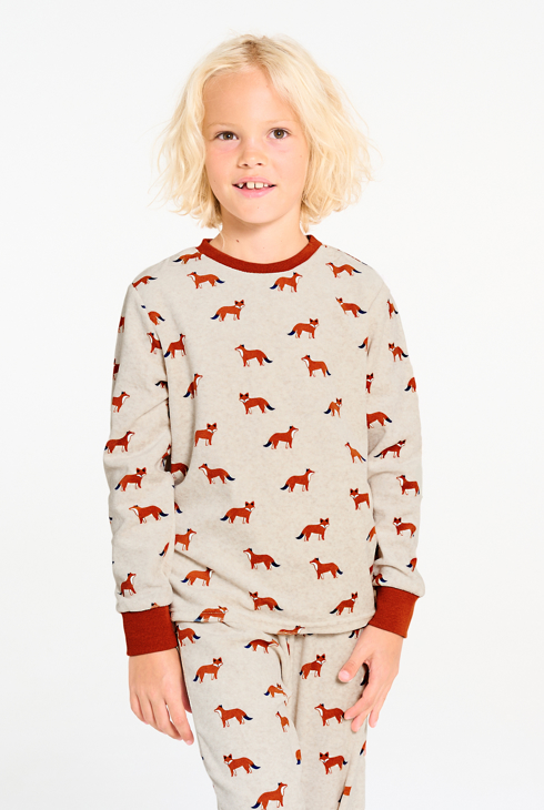 Beige pyjama in fluweel met vosmotiefje voor jongens 1