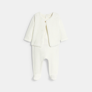 Baby boy's white velvet sleepsuit with soft boa sleeveless waistcoat 1