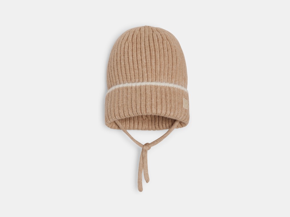 Baby boy's beige striped ribbed knitted hat 1