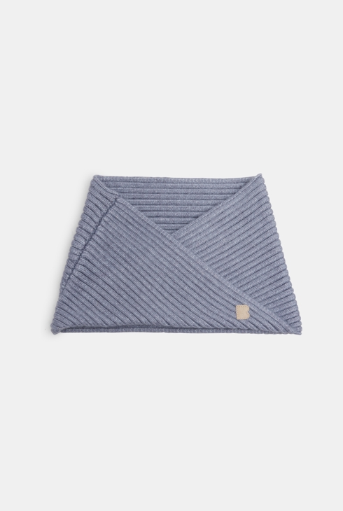 Baby boy's blue knitted cross-over snood 1