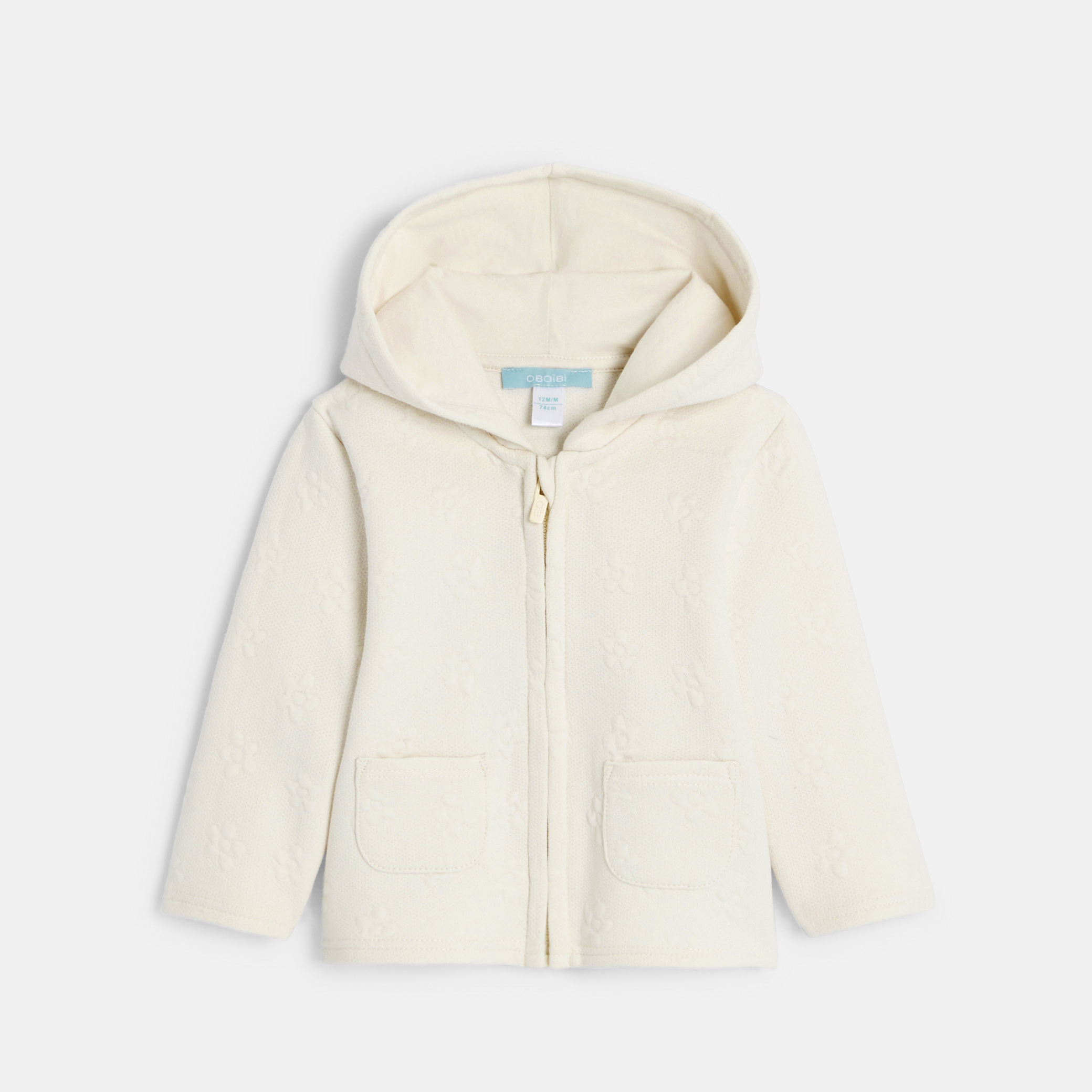 Baby girl's white piqué-effect fleece zip-up hoodie Okaïdi