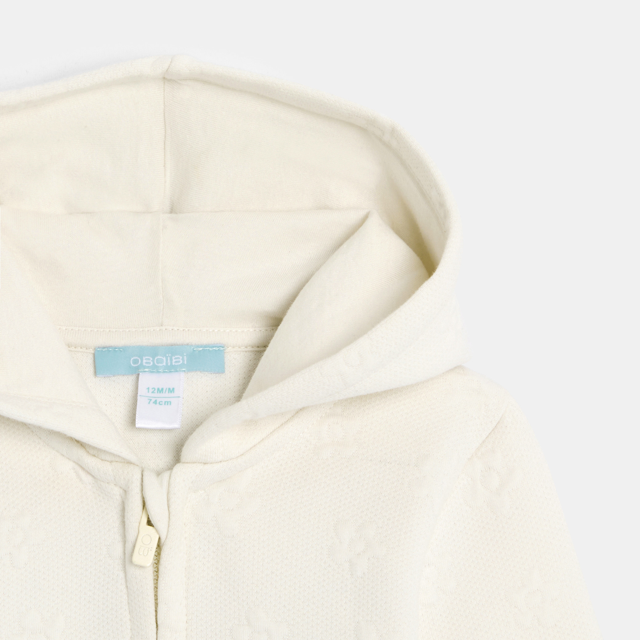 Baby girl's white piqué-effect fleece zip-up hoodie Okaïdi